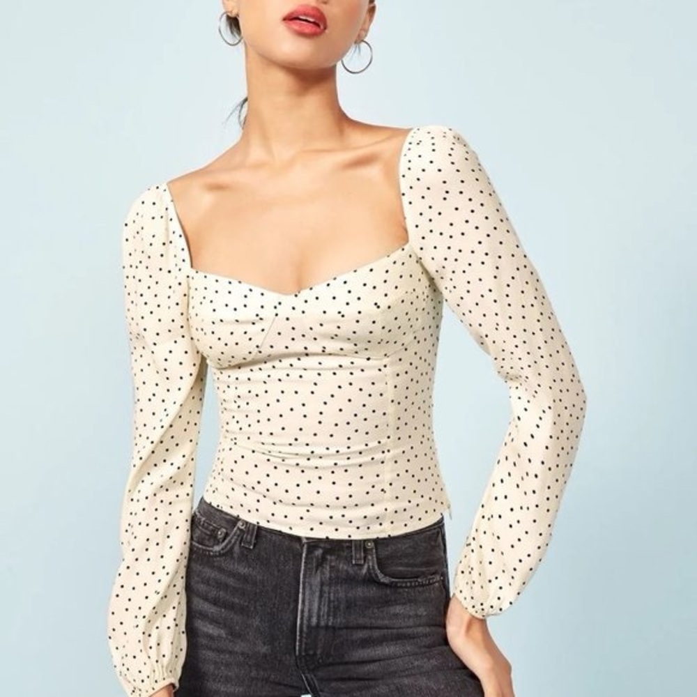 Reformation | Reign Polka Dot Long Sleeve Top 6 Cream Sweetheart Neck Smock Back